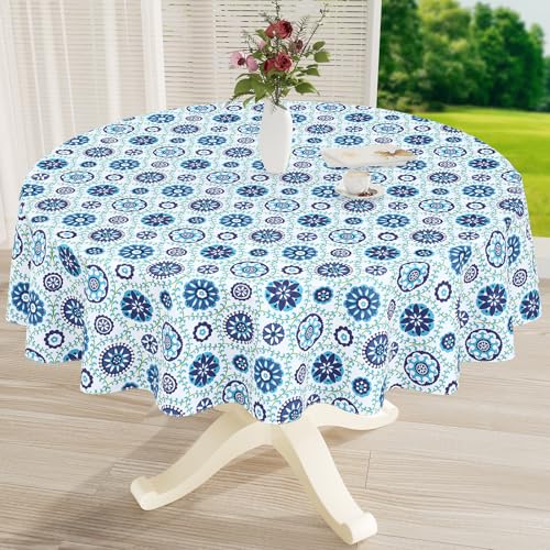 misaya Round Waterproof Vinyl Table Cloth, Wipeable Tablecloth with Flannel Backing, Plastic Table Cover for Dinner, Picnic, Indoor and Outdoor (Navy Mandala, 60")