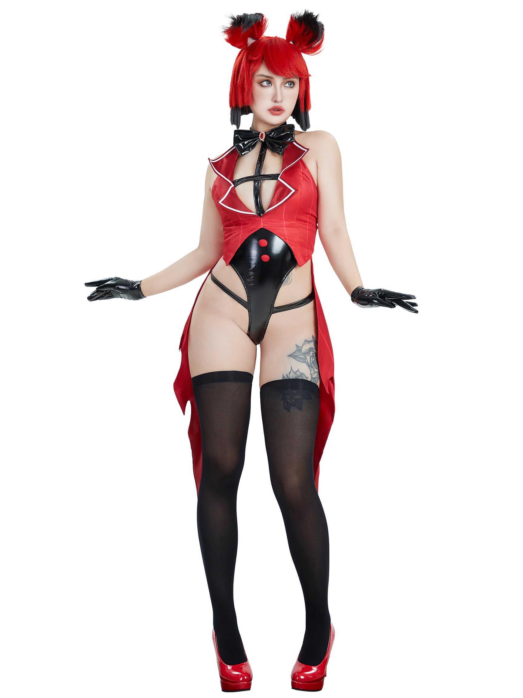 Mobbunny Women Halloween Demon Derivative Sexy Cosplay Set Black Red Hollow Bodysuit and Gloves: Medium Red