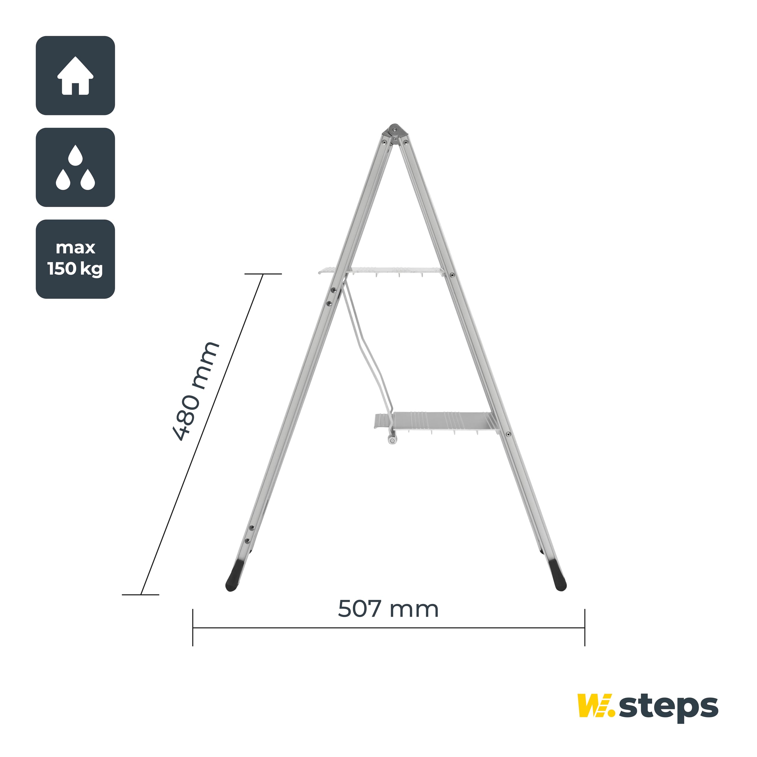 Alu Trittleiter Vikingstep Mini von W.Steps I 480mm hoch I Belastbar bis 150kg I Kompakte Aluminium Klapptrittleiter mit 2 Stufen I Nur 35mm breit I 728141