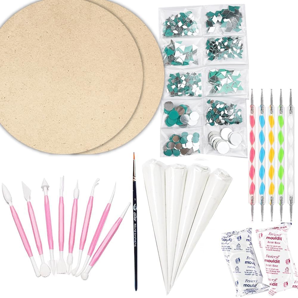 Mrinalini Organic Lippan Art Material DIY Kit, A Kit with Ceramic Cones, Tools, Mould It Clay and Mirrors, Multicolor