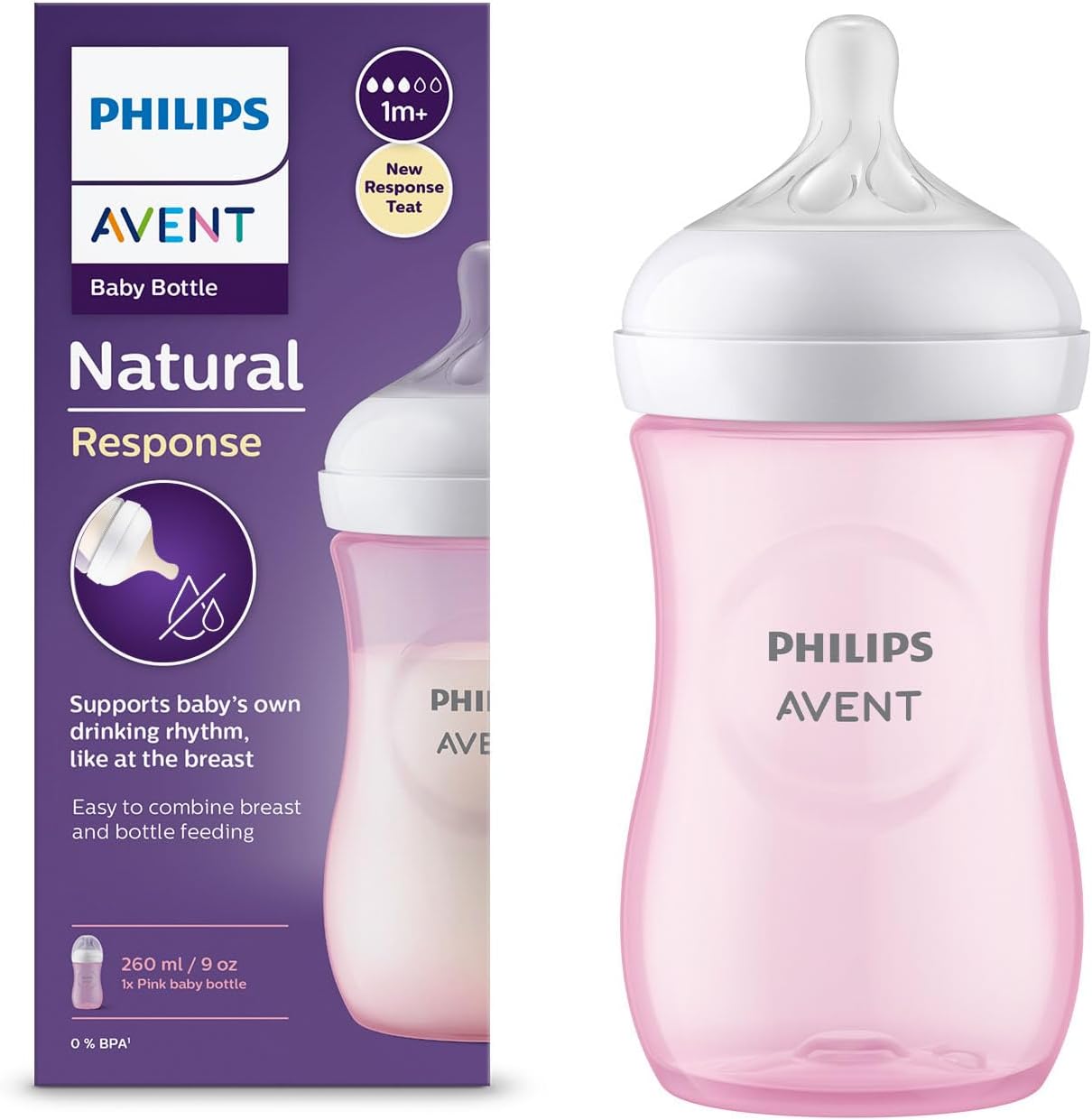 Philips Avent Natural Response 3.0 Plastic Baby Feeding Bottle | 260ml | No.1 Brand Recommended by Moms Worldwide | Ideal for 1 months+| Mimics Breastfeeding | Uniquely Designed Nipple | Pack of 1 | Pink | SCY903/11