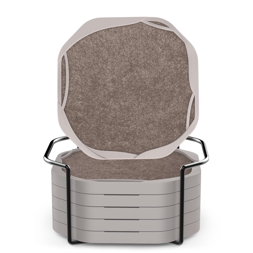 UMIRRO Absorbent Coasters for Drinks with Holder, Silicone Coasters with Soft Felt Inserts for Wooden Coffee Table, 4", Set of 6