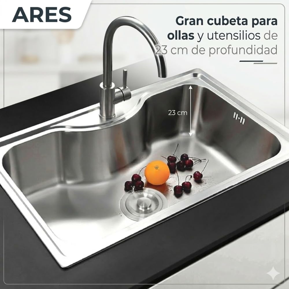 Ares Fregadero Cocina Acero Inoxidable AISI 304 80x49 cm - 1 Seno - Sobre Encimera - Resistente y Fácil Limpieza - Gran Cubeta 23 cm de Profundidad