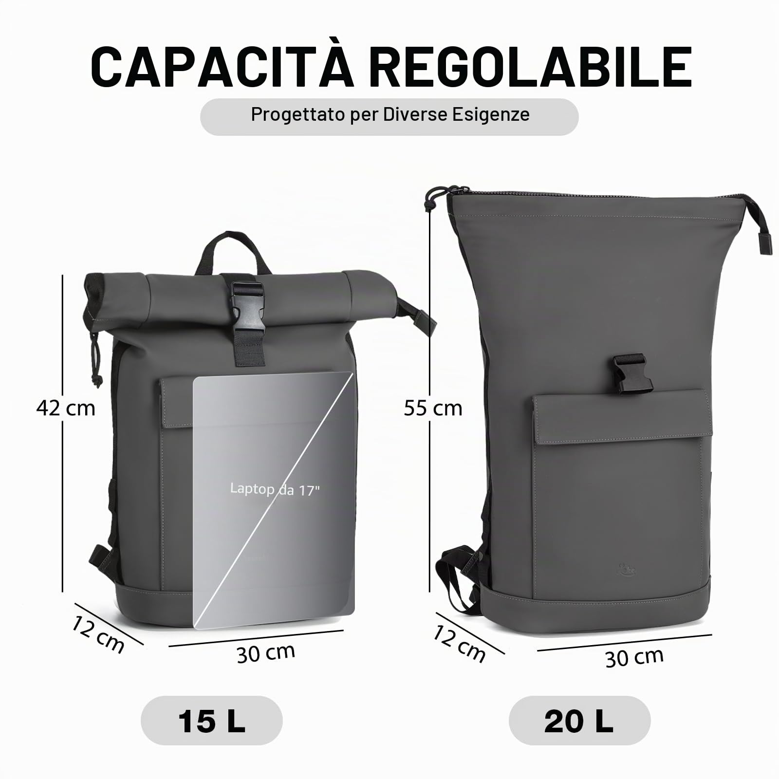 Lekeinchi Zaino Rolltop Donna Uomo per 17" Laptop Impermeabile Elegante | Arrotolato Borsa,Espandibile Backpack, Viaggio, Scuola, Università, Lavoro