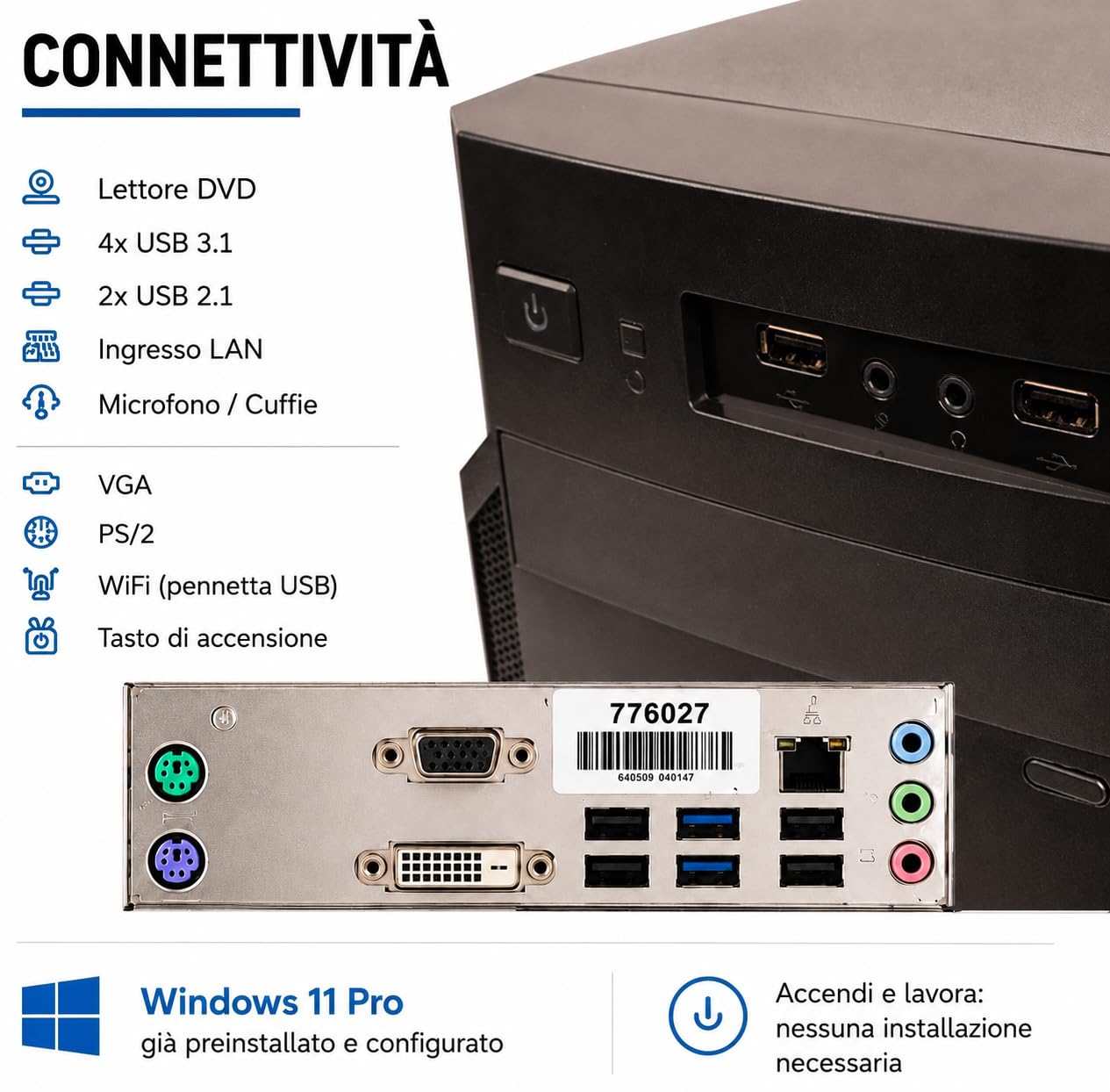 PC Fisso Desktop NUOVO • Cpu intel core i5-4th • 16GB RAM DDR3 • 256GB + 512GB HDD • Windows 11 Pro • Office 365 • Pronto All'Uso • USB 3.0
