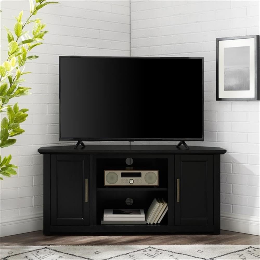 Pemberly Row Contemporary 48" Rustic Wood Corner TV Stand, Black Finish, Fits TVs Up to 50", Adjustable Shelves, Open Center Storage, Cable Management, Modern Farmhouse Style for Living Room Use
