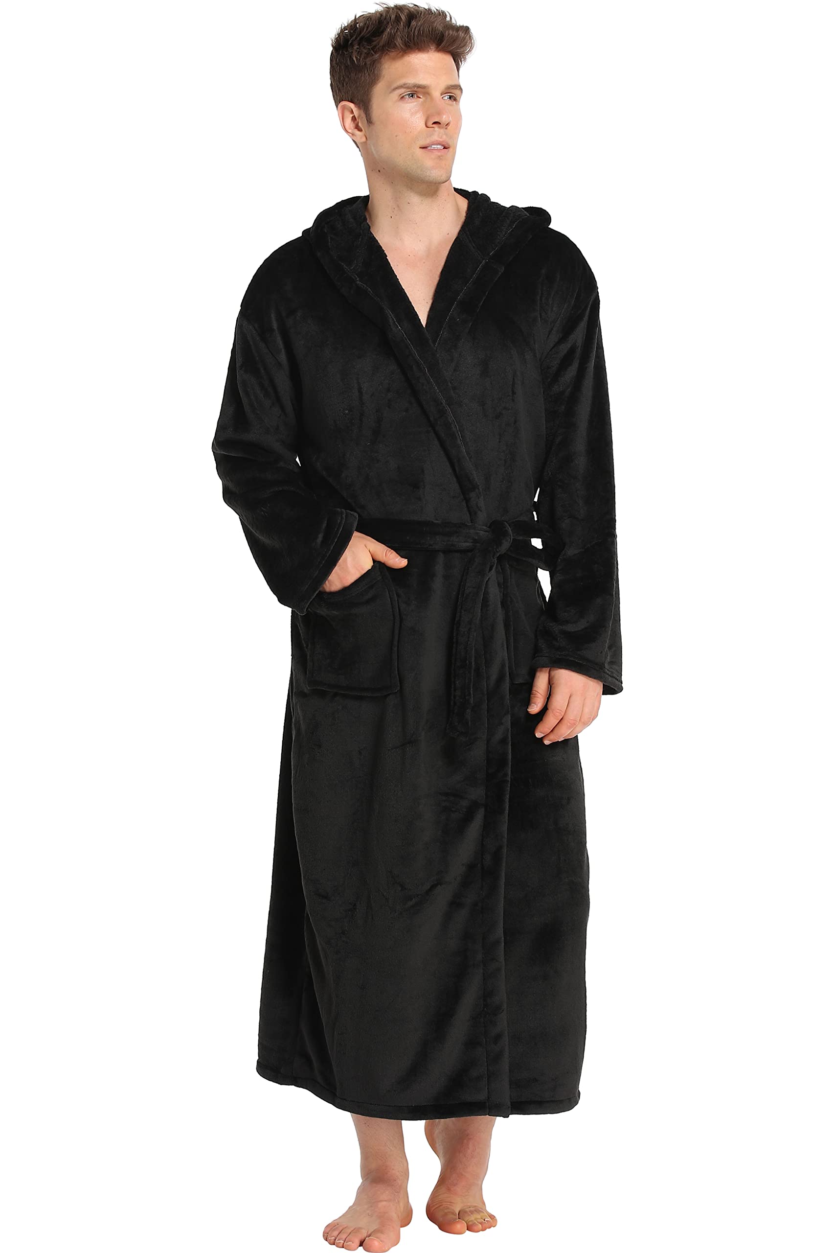 iFigure Mens Hooded Robe Plush Flannel Fleece Full Length Bathrobe Warm House Coat Long Lounge Robe with Hood Pockets