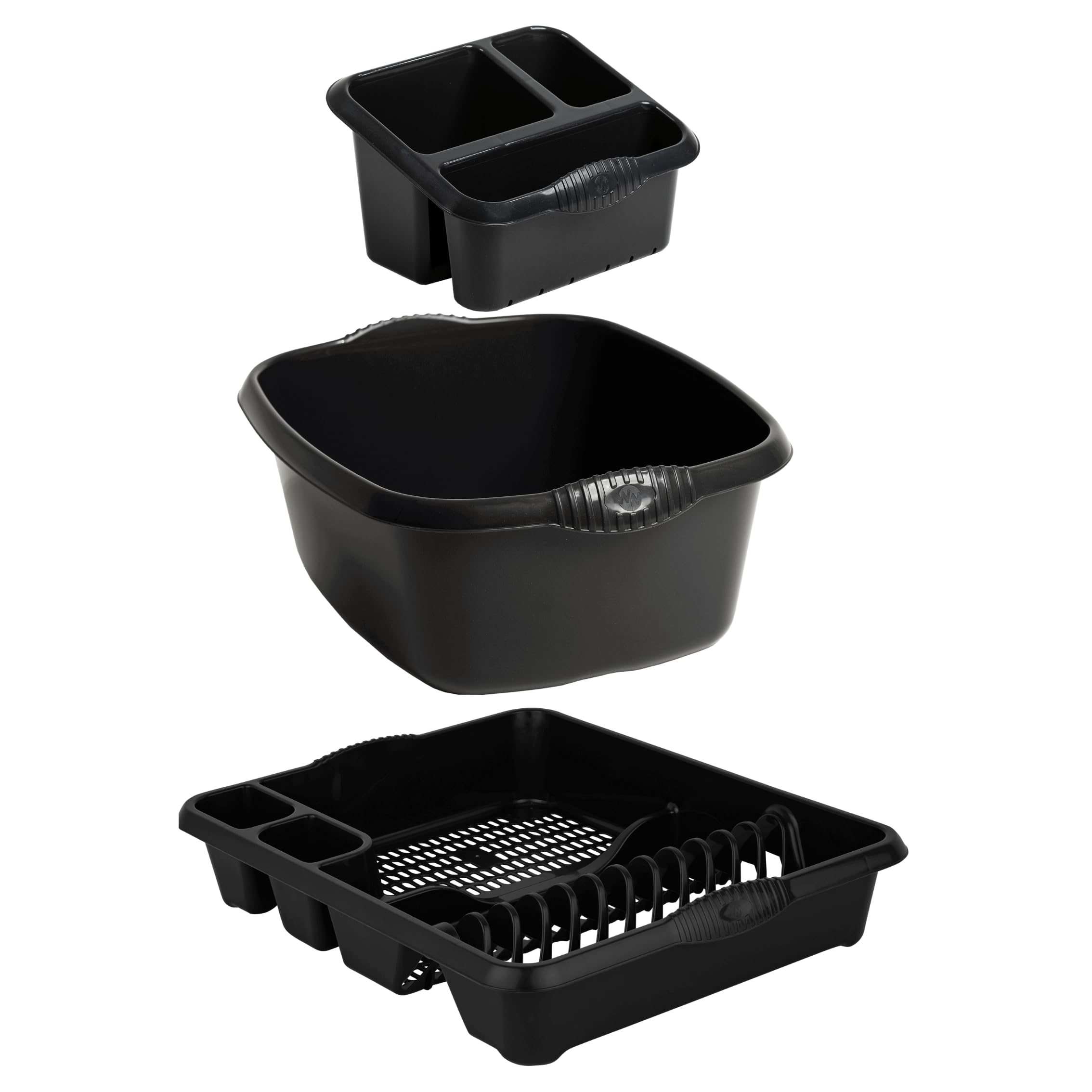 Homey Mart 3-Piece Kitchen Washing Set, Large Dish Drainer, 39cm Rectangular Bowl and Sink Organiser - Black