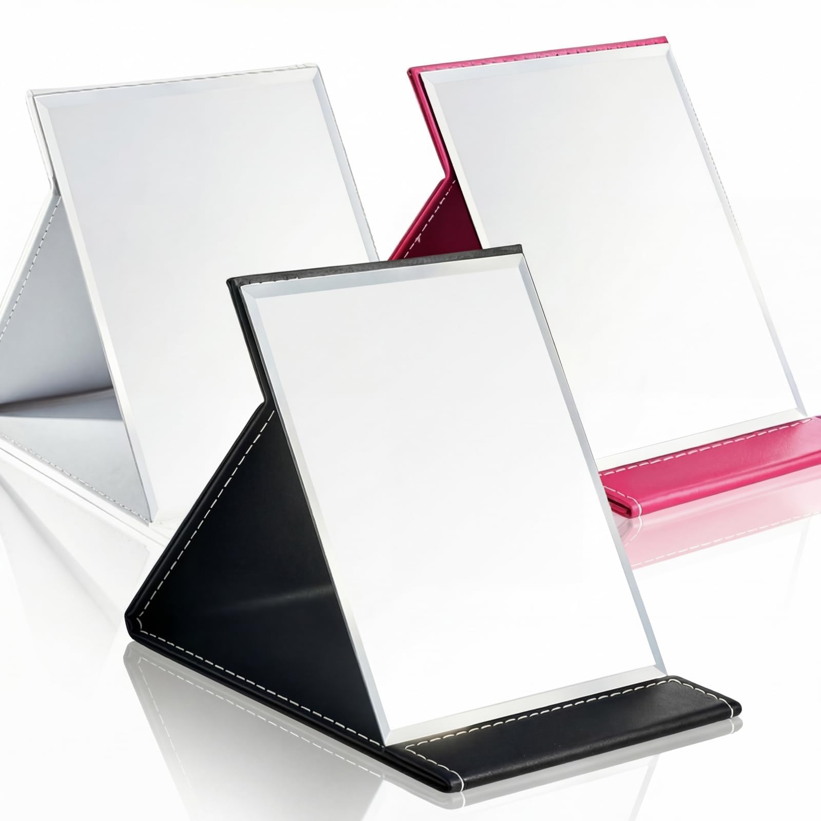 Goaste 3 Pack Portable Folding Mirror, 15×21cm PU Leather Travel Vanity Mirror, Super HD Compact Makeup, Adjustable Free Standing Tabletop Mirror for Travel Office Camping