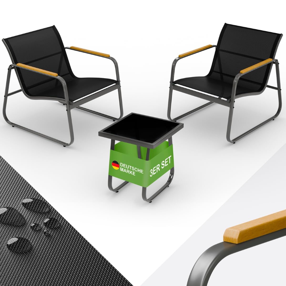 Blumtal Gartenmöbel Set 3er - Balkonmöbel Set für 2 Personen - 2 x Sessel + 1 x Tisch - Stahl Garten Möbel - Balkon Lounge Gartenmöbel - Gartenlounge - wetterbeständige Terrassenmöbel Anthrazit