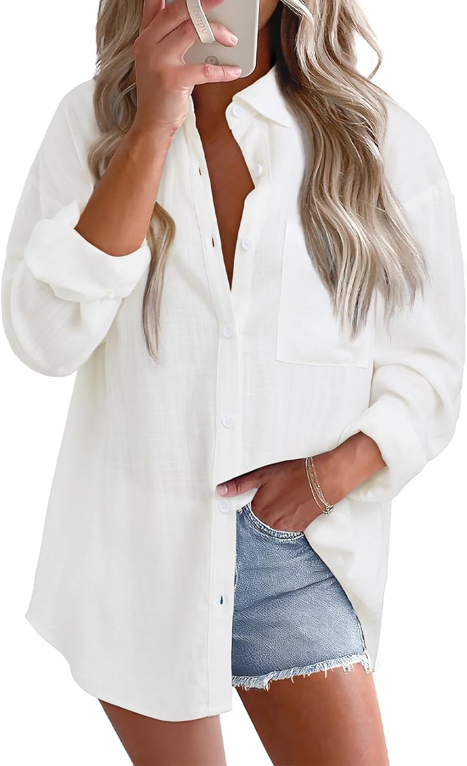 Astylish Women 2026 Loose Fit Tops Cotton Linen Button Down Shirts Collared Roll Up Long Sleeve V Neck Blouses