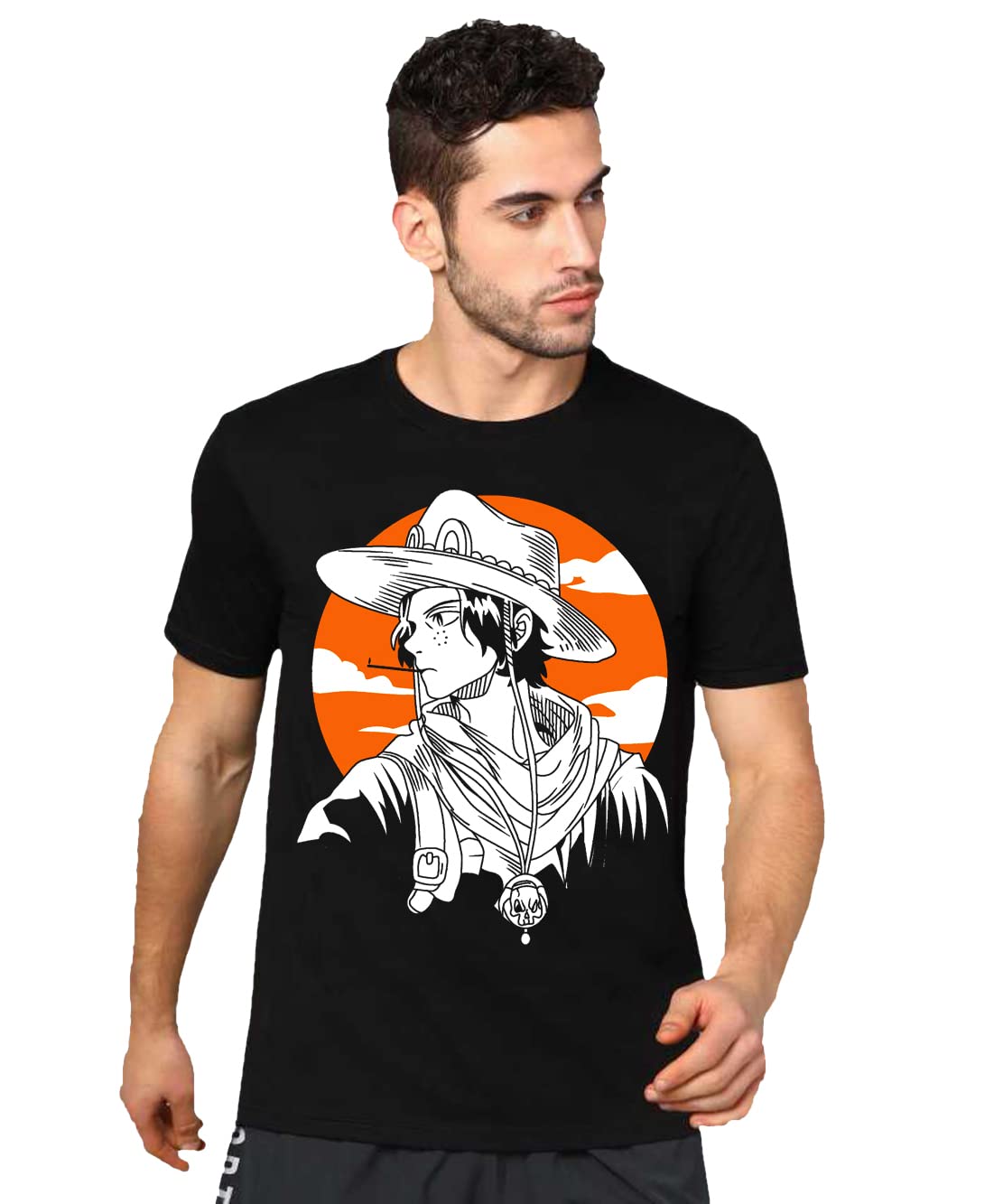 VIKCLIQUE Anime One Piece Portgas Ace Cap Printed Cotton Blend Half Sleeve Round Neck Black, Navy Blue T-Shirt for Men's/Boy's