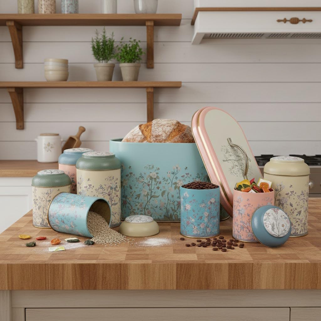 MARIA ROMA 7 Pieces Bread Box for Kitchen Countertop and Canisters Sets for the Kitchen Ideal for Bread Basket Sugar Container Coffee Canister Tea Tin Breadbox Vintage and Rustic Model