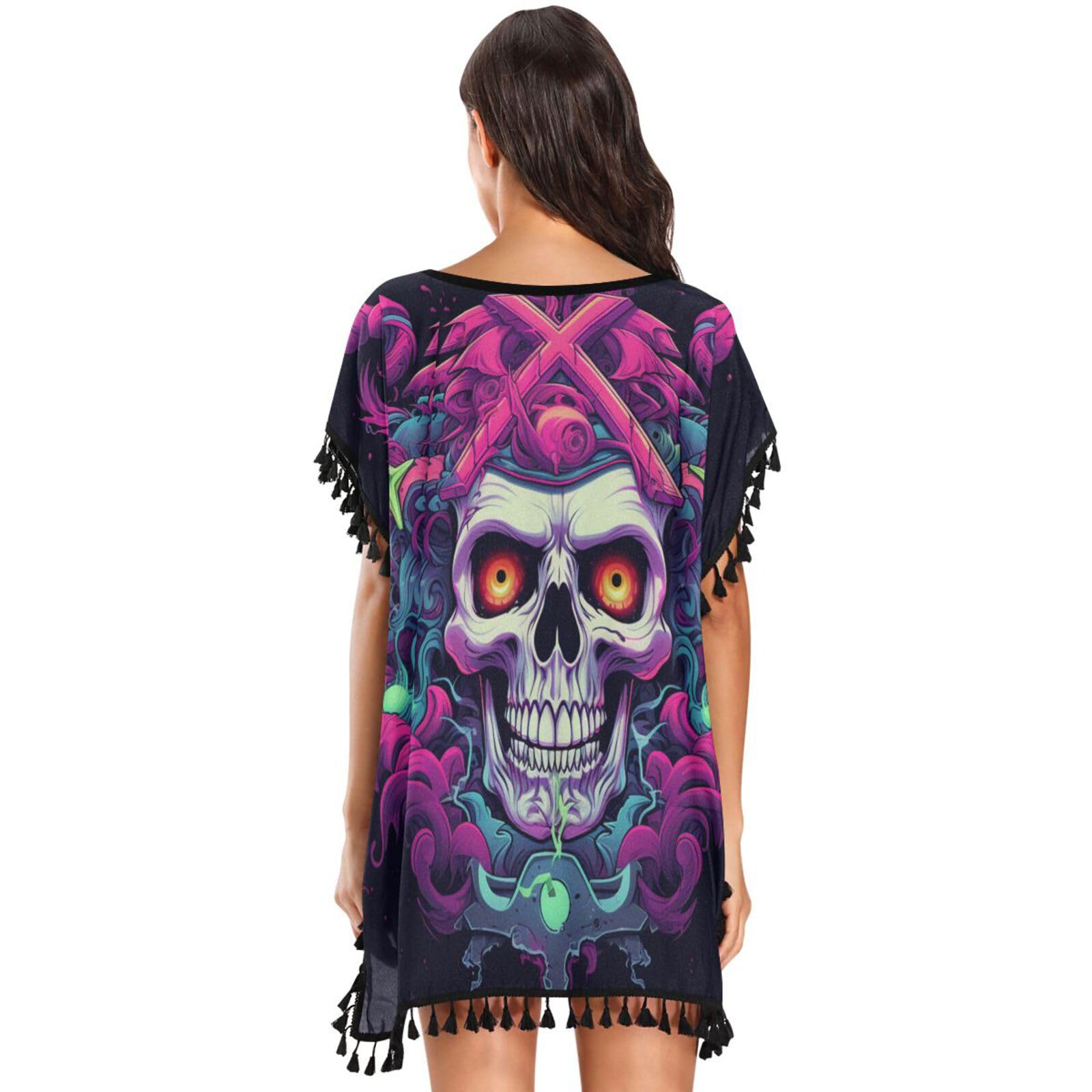 Devil Cool Skull Art Women's Beach Cover Up Chiffon Tassel Swimwear Swimsuit Coverups for Girl