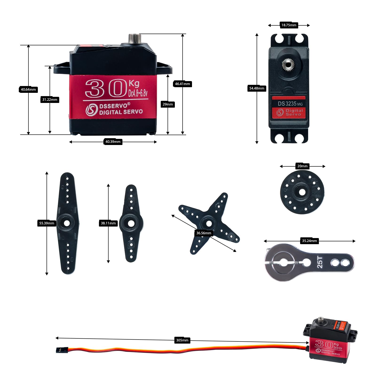 DS3230 PRO Lot de 2 servomoteurs numériques 30 kg à grand couple 6 V en acier inoxydable étanche IP66 avec bras servo 25T pour voiture radiocommandée Baja à échelle 1/8 1/10 1/12 (2 pièces 180