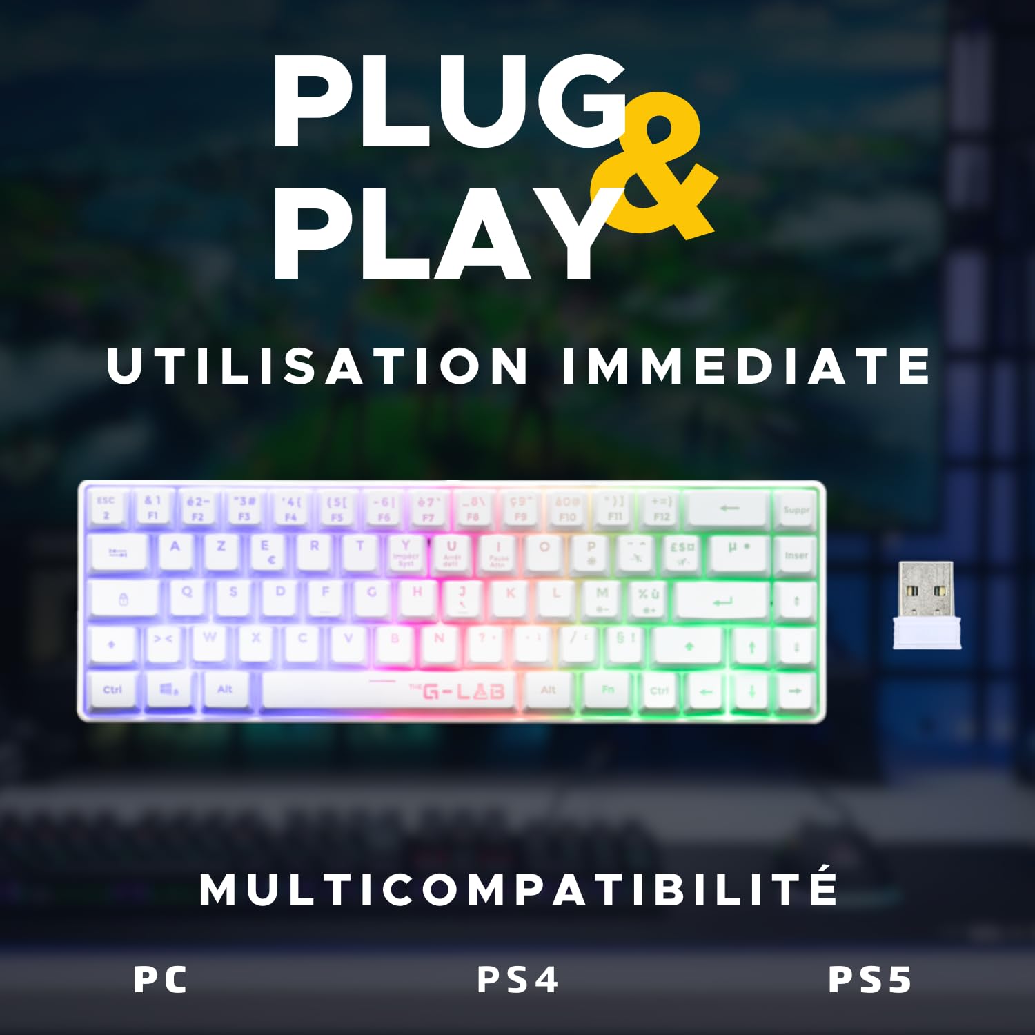 The G-Lab - Keyz Hydrogen WL- Clavier Gamer sans Fil, Clavier 60% Semi-mécanique, Azerty, RGB Multicolore - sans Fil Silencieux, Format Compact TKL - PC/PS4/PS5- New (Blanc)