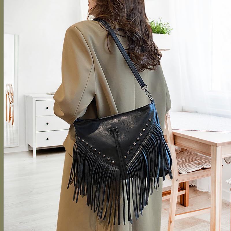 Black Fringe Purse Crossbody Bag for Women, Vintage Stud Large Fringe Crossbody Purse, Boho Shoulder Purse with Fringe2