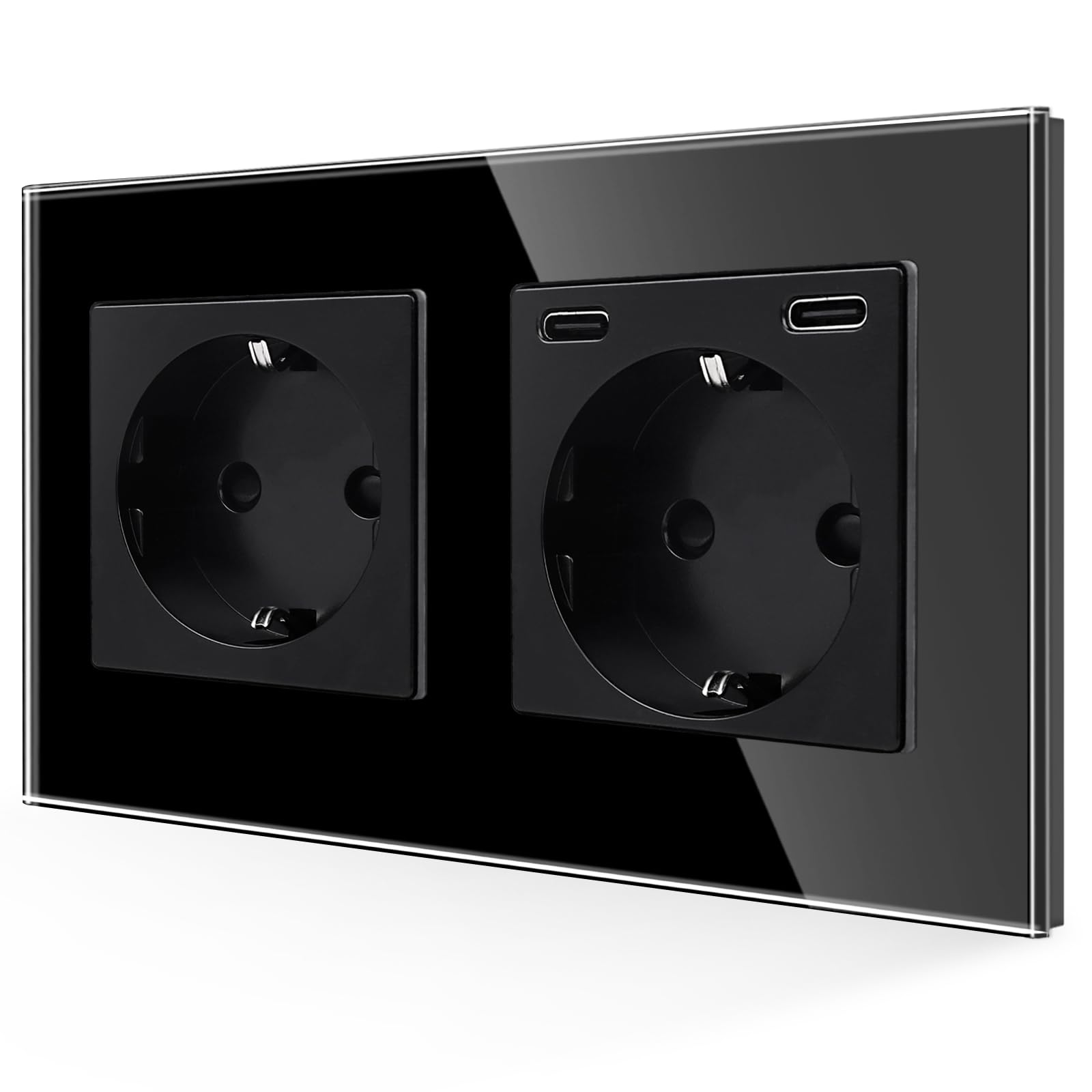JIMEIDA 2 Fach Steckdose mit USB C 20W Schnelles Laden Schwarz,Glas Schuko Steckdosen Two Typ-C Port,Unterputz 157mm,16Amp 250V