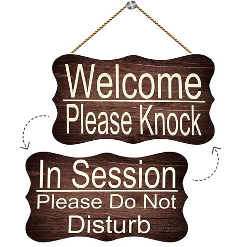 Two Sided Wooden Plaque - in Session & Welcome Please Knock, Front Door Wall Decor for Office Home Christmas Gatherings, Porch Hanging Accent for Hosts, 12X6 Inch Versatile Decor
