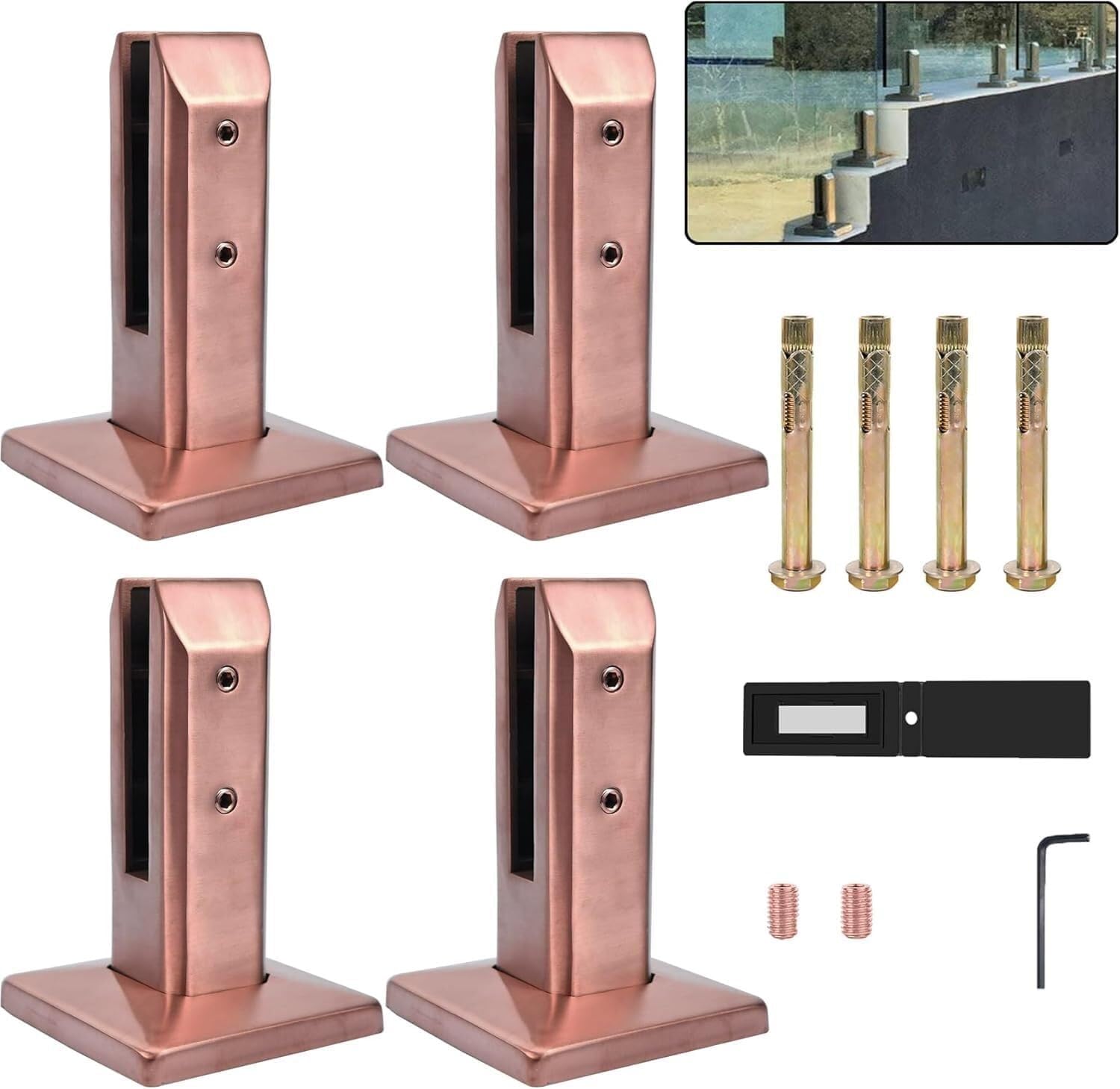 Jvfbjlf Rose Gold4 Piece Stainless Steel Glass Spigot Clip Pool Fence Square Spigot Clip Home Garden Stair Railing Balustrade Balcony Glass Floor Clip(160Mm)