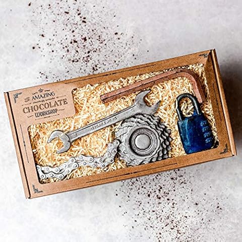Luxury Hand-Made Chocolate Cycling Gift Box - Realistic Bike Chain, Gear, Padlock, Spanner & Allen Key - Sports- Vegan- Birthday Gifts Cover