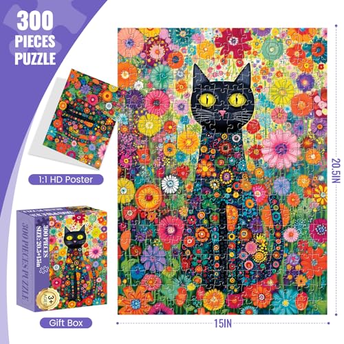 Puzzle de 300 piezas grandes para adultos, flores y gato colorido. Rompecabezas de animales con letra en la parte trasera, póster HD 1:1, encaje perfecto, sin polvo, actividad desafiante para la familia, medida 20.5x15 pulgadas miniatura 6