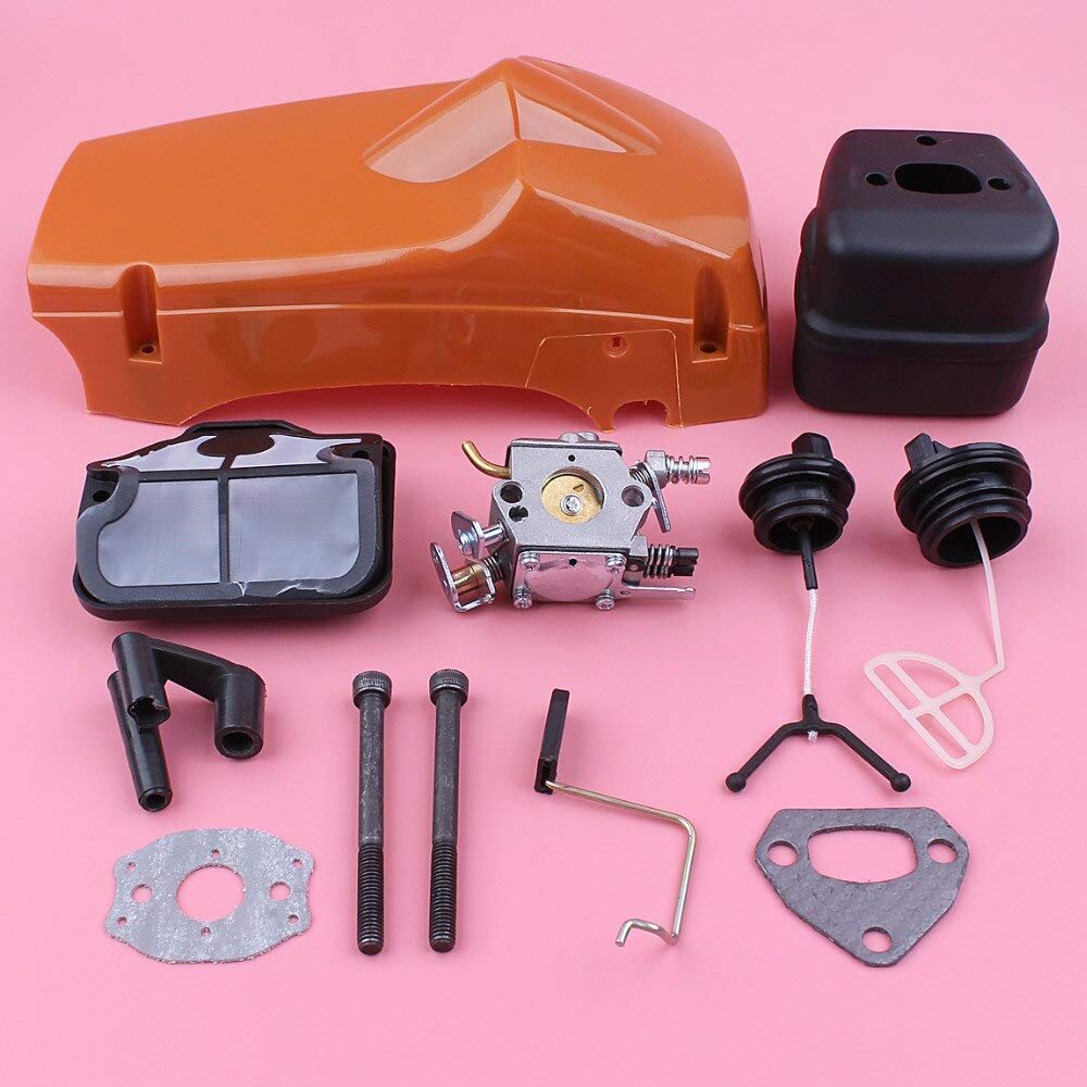 Carburador de cubierta de motor de cilindro superior para compatible con Husqvarna 137 142, silenciador de escape, filtro de aire, tapa de combustible y aceite, repuesto de motosierra