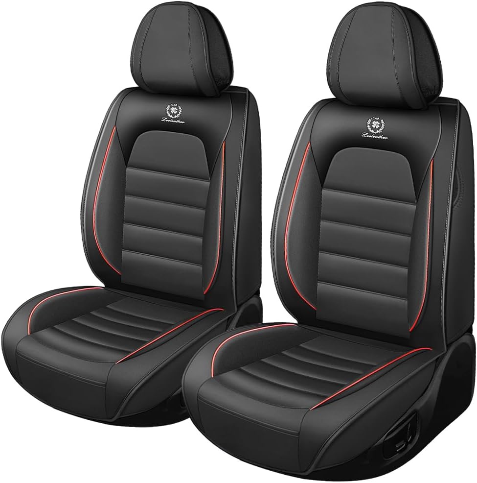 Car Seat Covers Nappa Leather Universal Seat Cover for Cars Waterproof Seat Cushions Interior Front Car Seat Protectors Auto Seat Covers Fit for Most Cars Sedans SUVs（Front Only，Black&Red