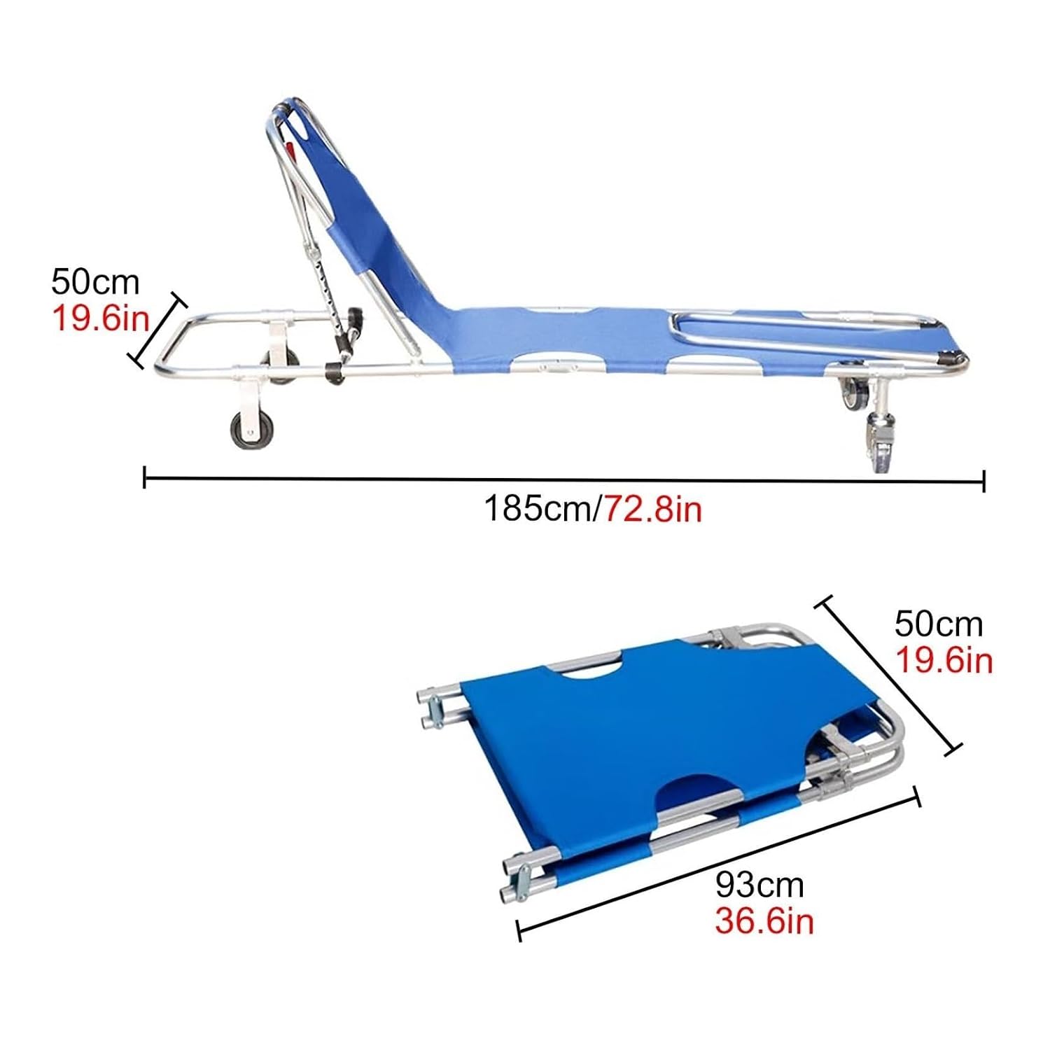 Heavy Duty Aluminum Portable Stretcher with Safety Straps, 4 Rolling Casters, Compact Foldable Design for EMTs and First Responders