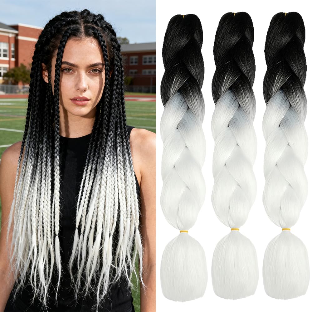 ShowJarlly Treccia Africane Extension 24", Treccia Capelli, Ombre Jumbo Treccia Capelli Fibra treccia di scatola, Per Crochet Twist Intrecciare I Capelli (Nero/bianco)