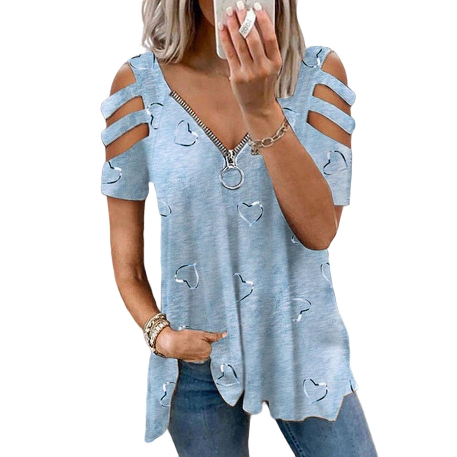 MOGSA T-shirt Estate Donna Oversize T-Shirt Cuore Stampa Spalla Aperta Manica Corta Top Femminile Plus Size Abbigliamento Donna