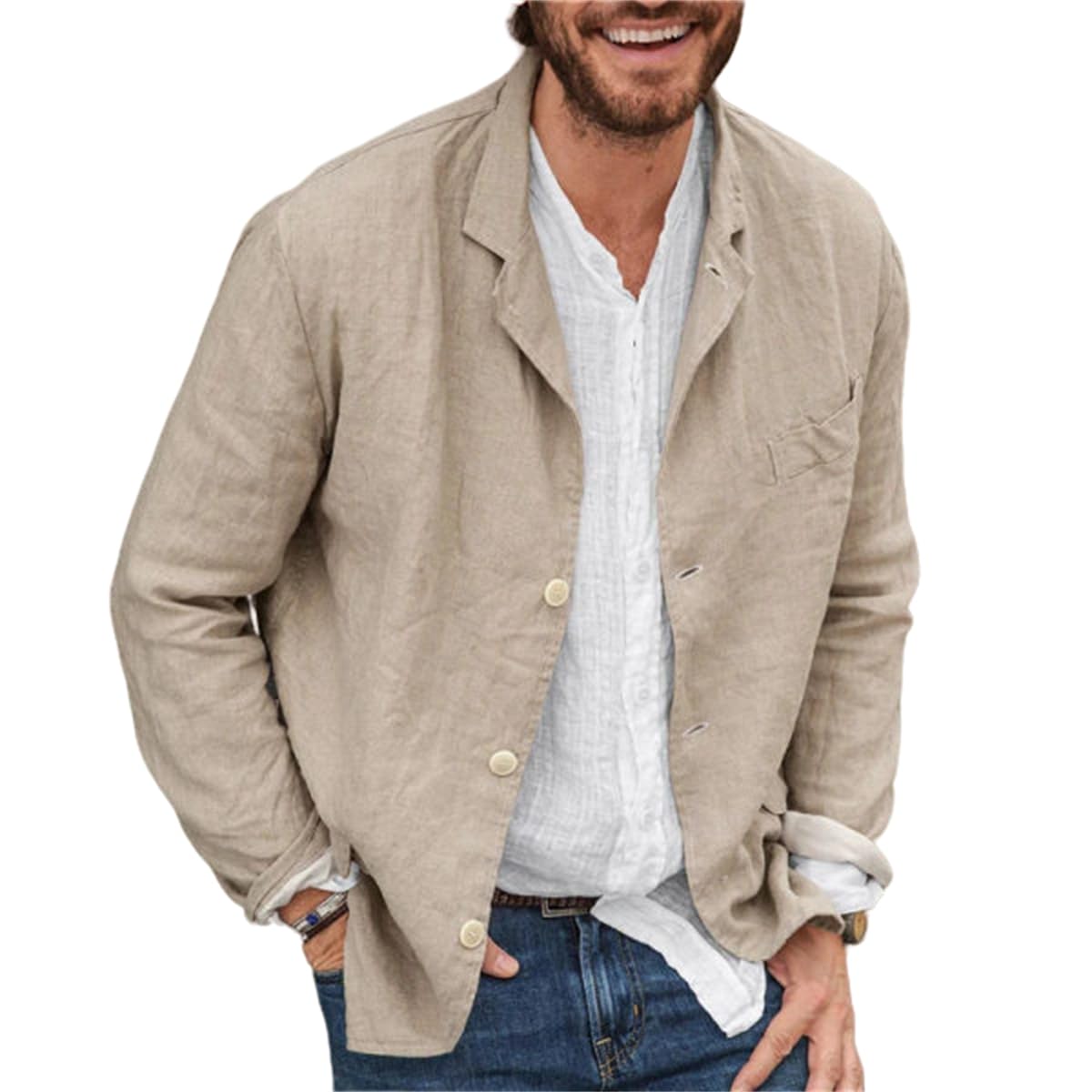 Men's Casual Shirt Jacket Cotton Linen Shacket Lightweight Work Coat Long Sleeve Button Down Overshirt Summer Tops