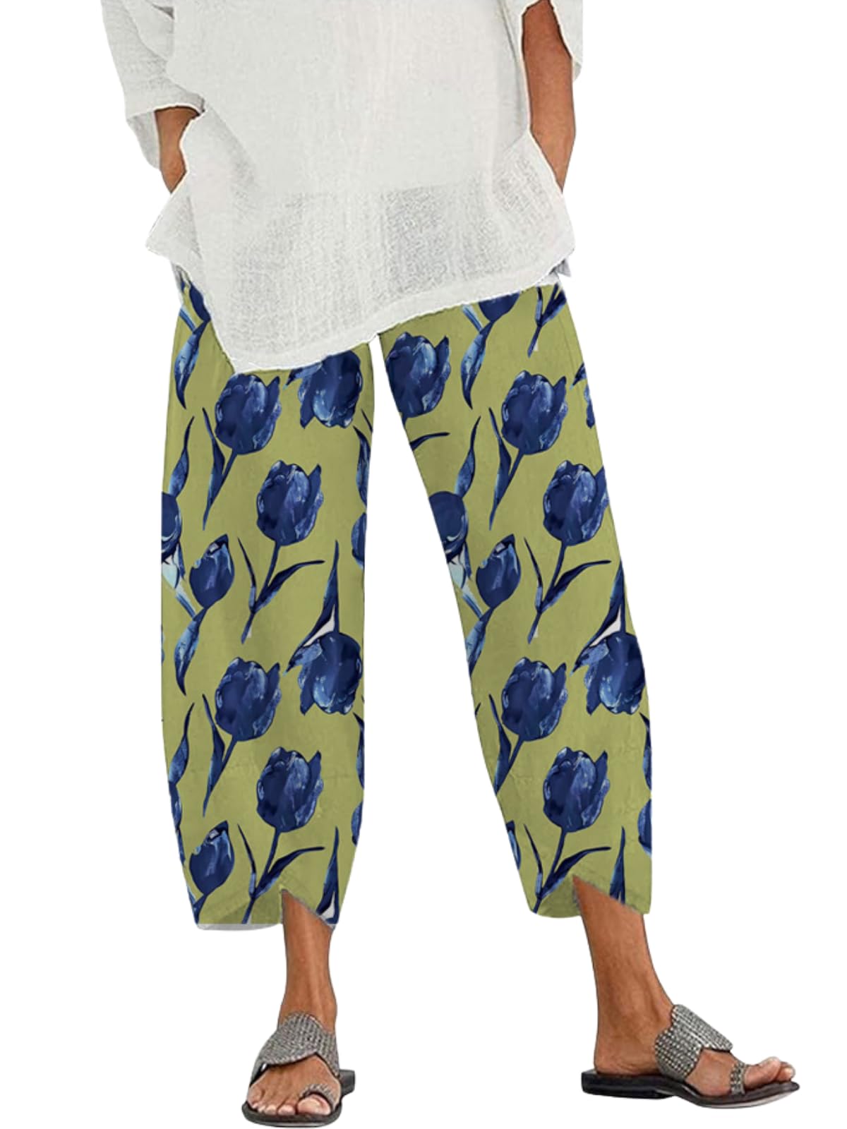 Womens Boho Floral Pants Wide Leg High Waist Trousers Baggy Casual Printed Summer Beach Capri Pants with Pockets