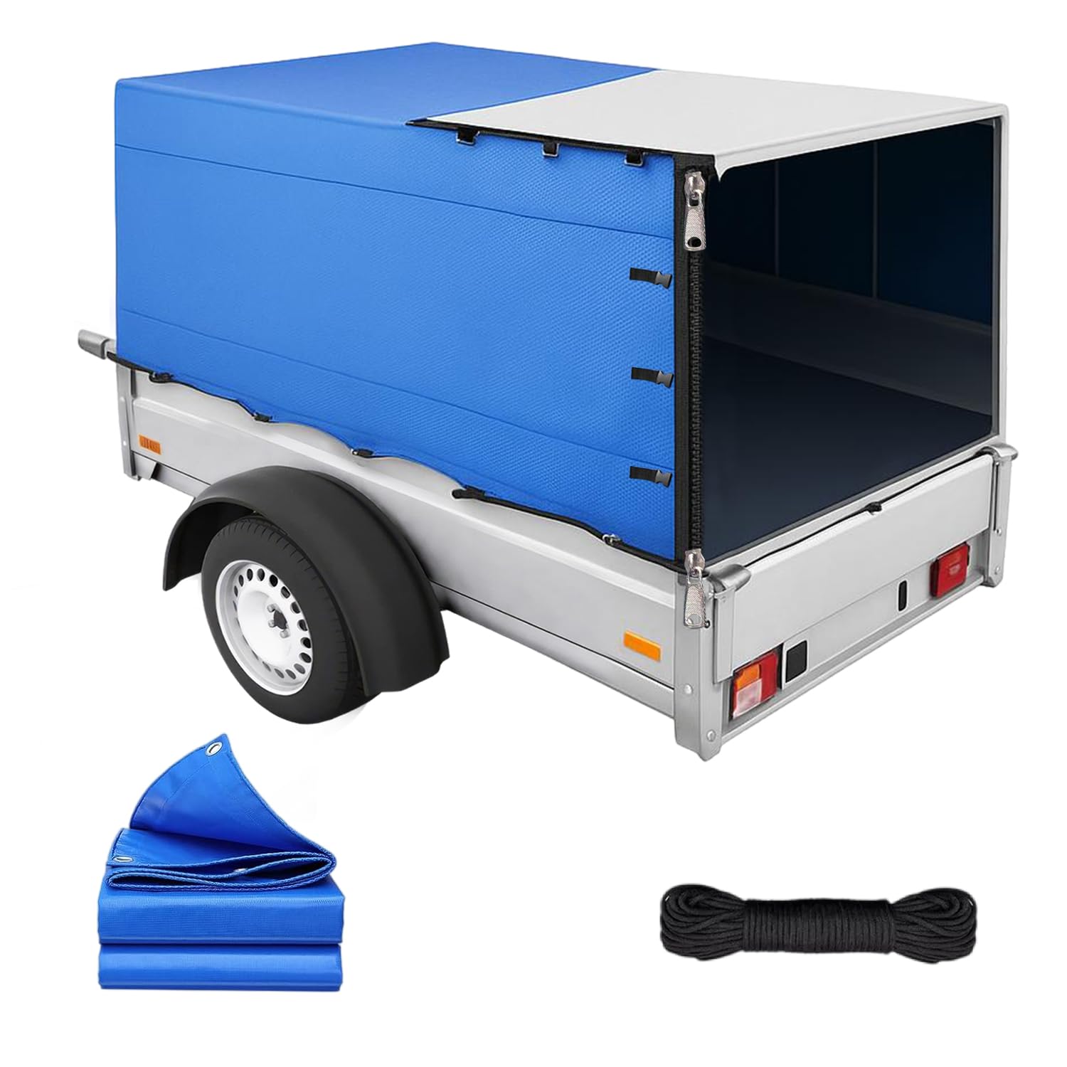 Lona para Remolque de Alta Resistencia, Cubierta para Remolque Duradera para Todo Clima con Cuerda, Tela Oxford 600D, Lona de Cobertura para Remolques de 750 kg (con Cremallera en la Parte Trasera)