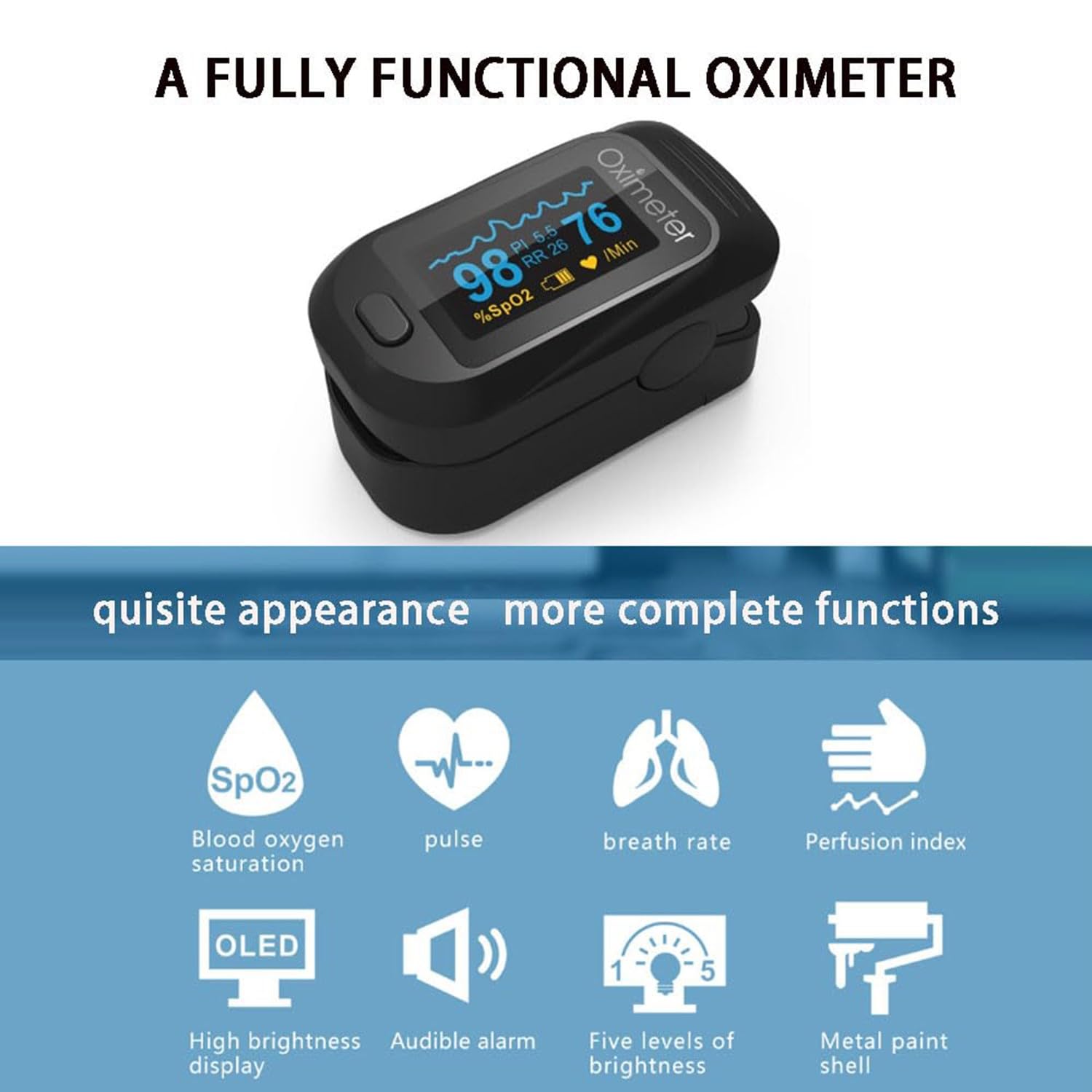 Oxímetro De Pulso, Pulsioxímetro De Dedo Profesional, Monitor De Saturación De Oxígeno En Sangre(Spo2/PI/PR/RR) con Pantalla OLED Medición Precisa