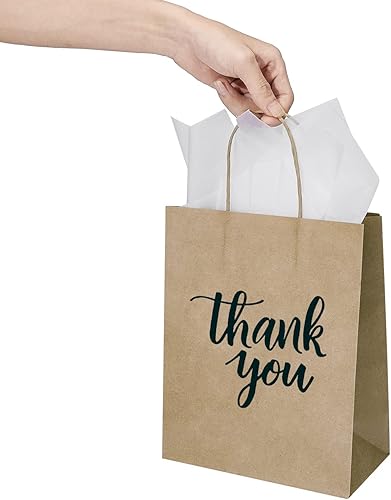 Miniatura 6 de DjinnGlory Paquete de 50 bolsas de papel kraft marrón medio con asas y 24 hojas de papel de seda para pequeñas empresas, compras, bodas, baby