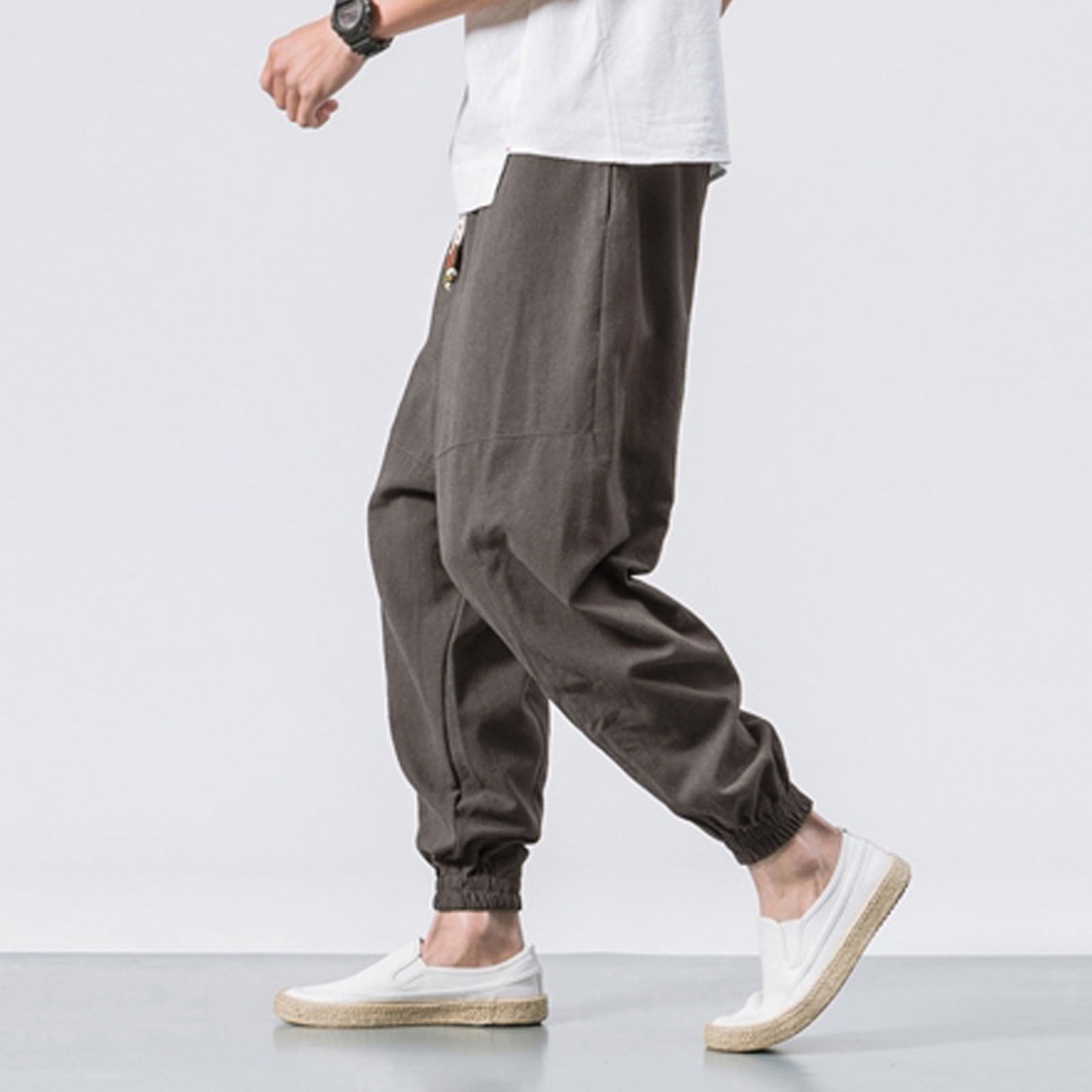 Pantalones de ocio para hombre con puños informales: pantalones de chándal transpirables básicos pantalones de verano de gran tamaño, cintura elástica pantalones de chándal con cordón