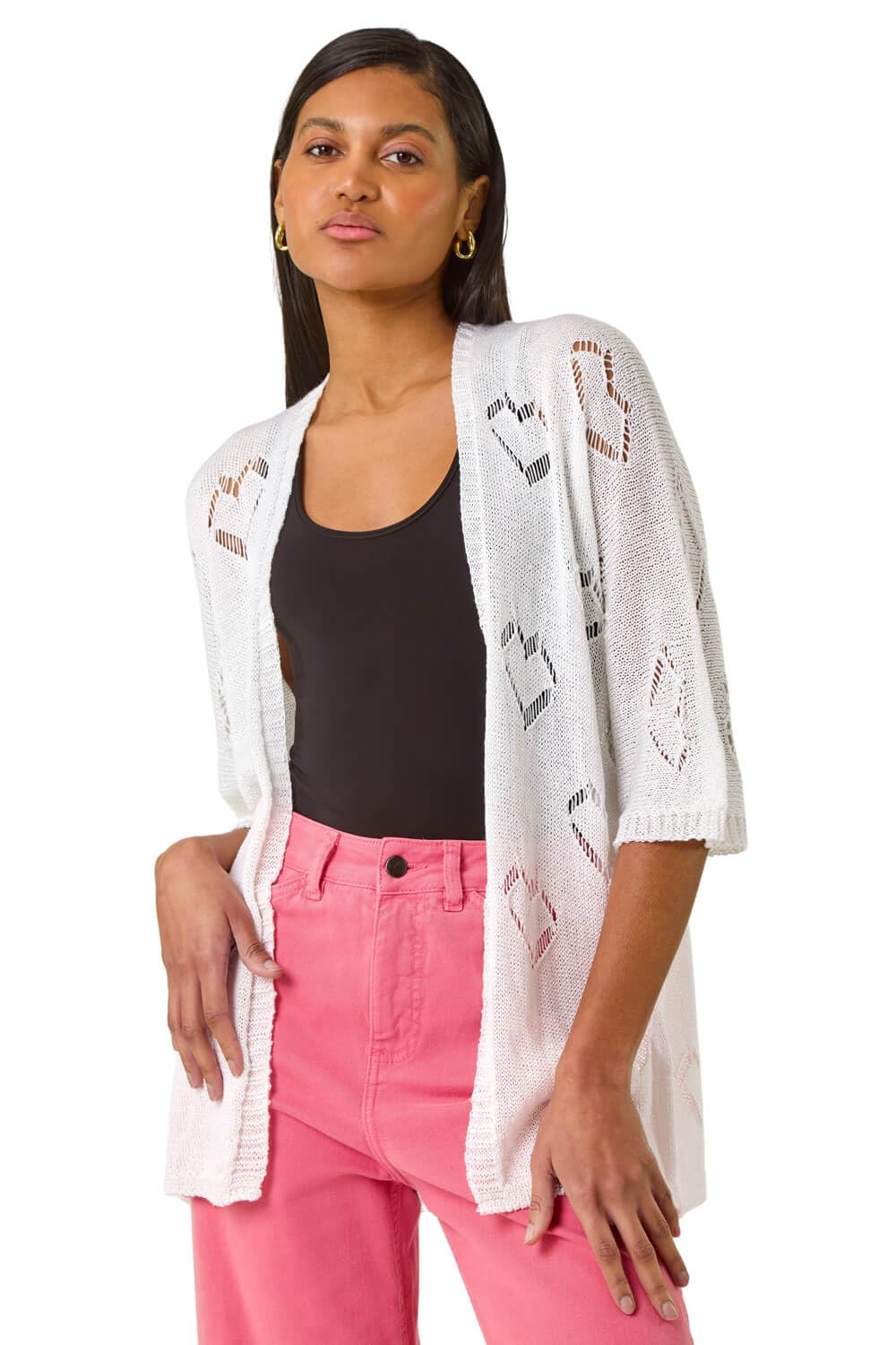 Roman Women's Ivory Pointelle Heart Knit Cardigan Medium