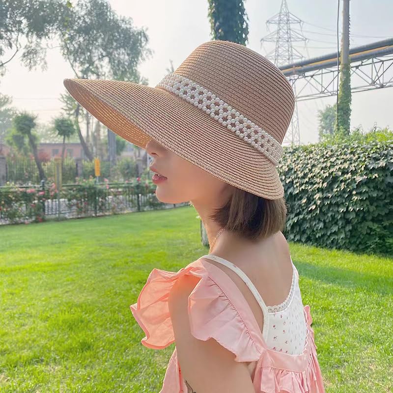 Cappello Estivo Traspirante a Tesa Larga in Paglia per Donna,Cappelli da Sole in Paglia Intrecciata con Protezione Uv e Perle,Cappello da Spiaggia Leggero per Giardino,Viaggio,Attività All'Aperto