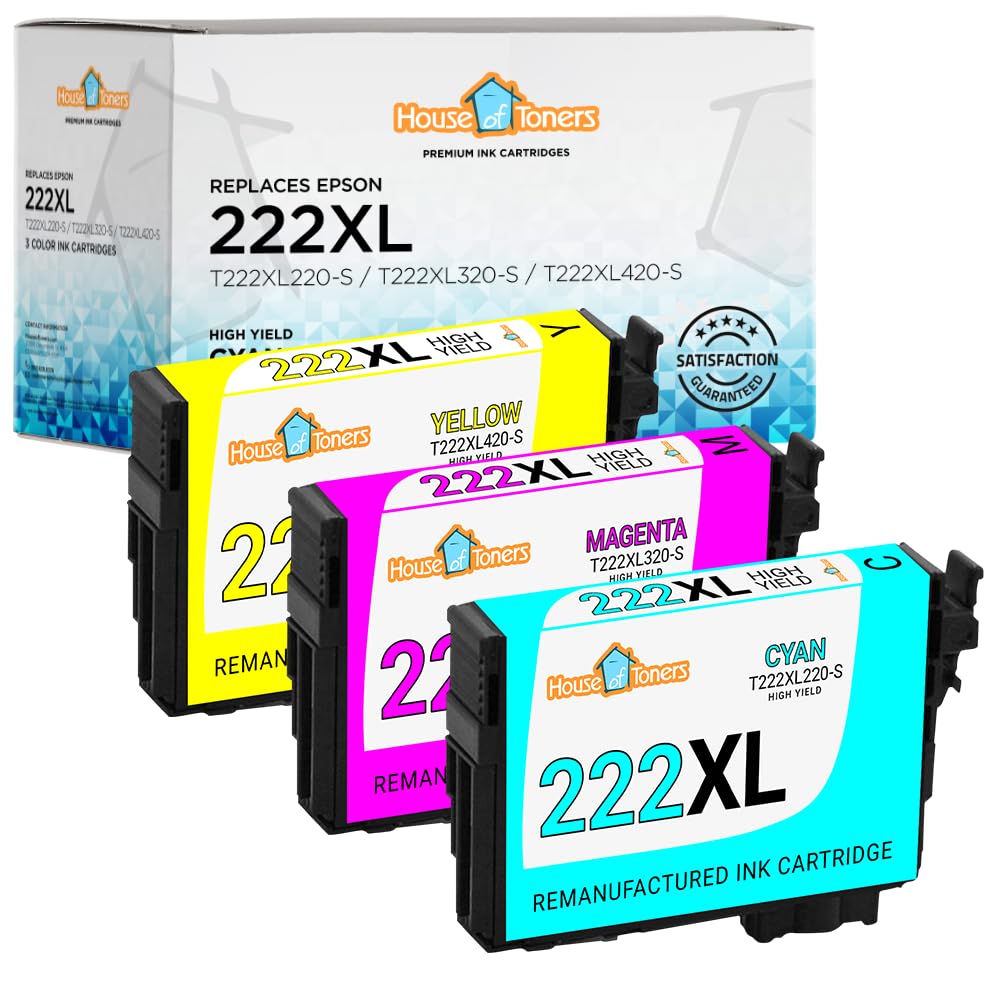Houseoftoners Remanufactured for Epson T222XL Ink Cartridges High Yield Replacement for Epson 222XL Expression Home XP-5200 & Workforce WF-2960 - (CMY