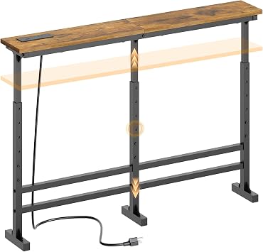 YATINEY 39.4" Console Table with Adjustable Height 27.6"-35.4" and Power Outlet, Skinny Behind Couch Table, Narrow Long Sofa Table for Living Room, Hallway, Entryway, Rustic Brown and Black CT33UBR