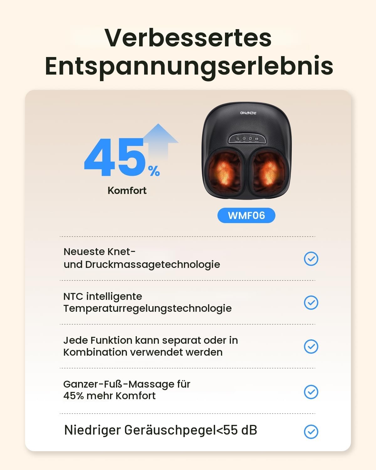 RENPHO Fußmassagegerät mit Wärme 2026 Neu, Shiatsu für ganzen Fuß, Fussmassagegerät Elektrisch Testsieger, 3 Luftdruck und Knetstufen, PU-Leder, Geschenke für Frauen Männer, bis Größe 47, Schwarz