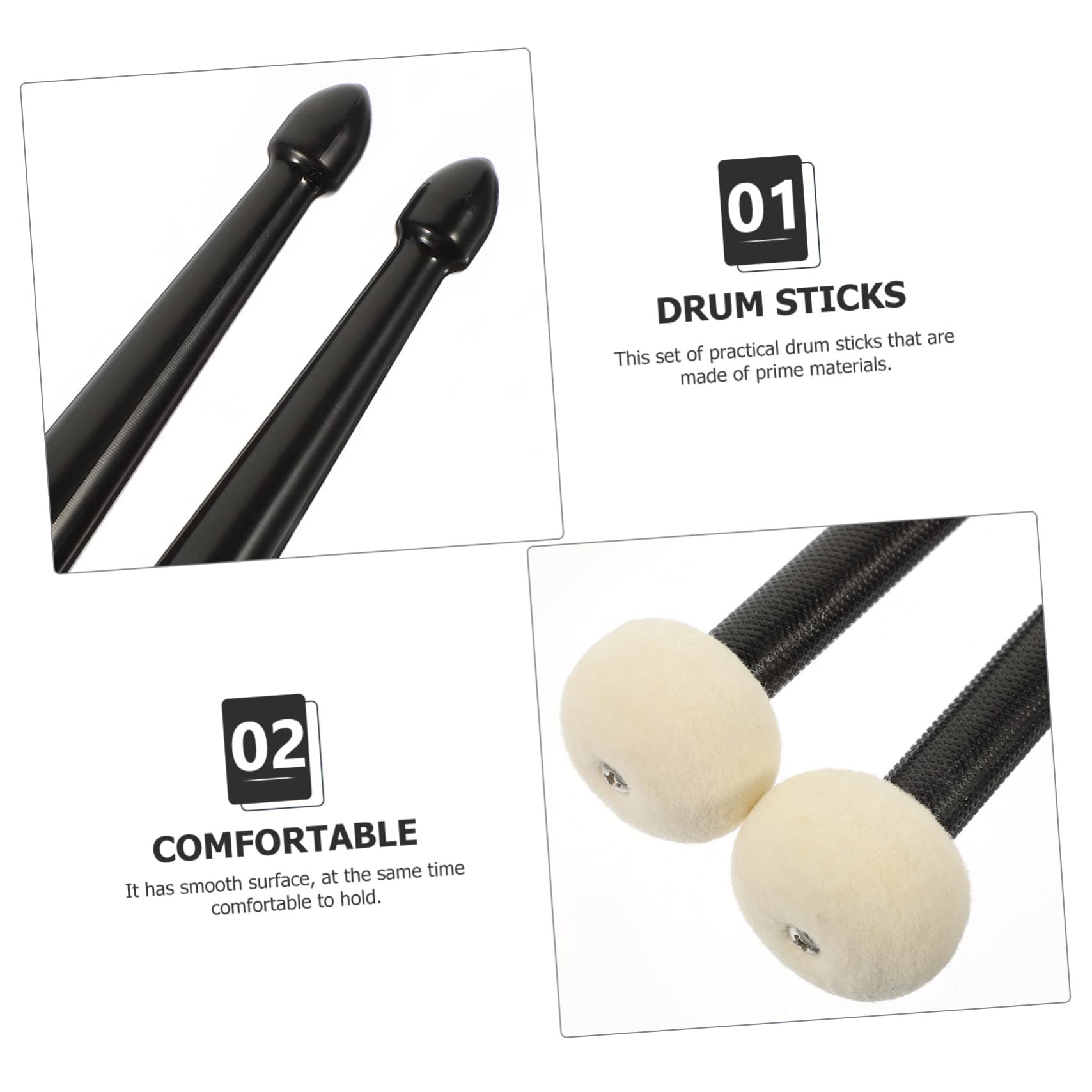 Baquetas de Doble Punta Negras 1 Par para Escenario y Rendimiento | Núcleo de Fieltro y Nailon, Superficie Lisa, Uso Práctico, Accesorio de Percusión