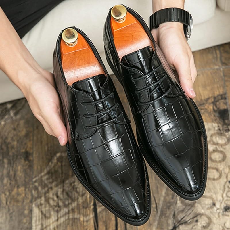 Men's Genuine Leather Oxford Shoes Men Vintage Lace Up Platform Dress Shoes Retro Pointed Chunky Heel Non-Slip Business Derby Shoes(Black,6.5) 6