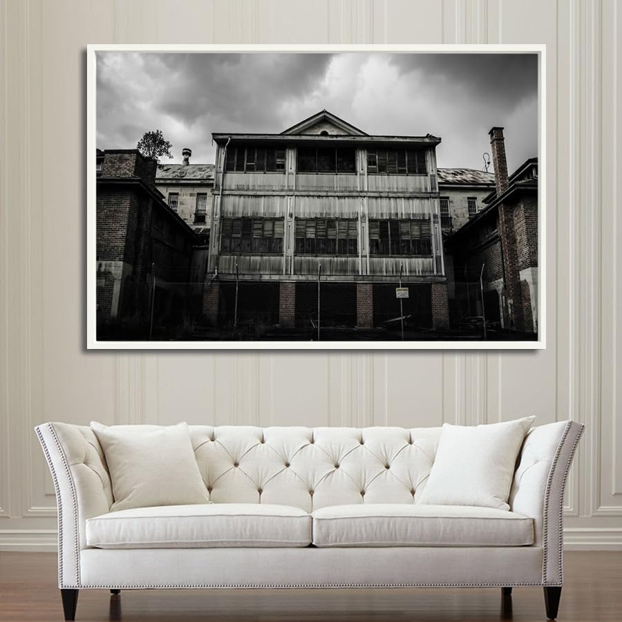 VERRE ART Printed Framed Canvas Painting for Home Decor Office Studio Wall Living Room Decoration (60x45inch White) - abandoned mental asylum