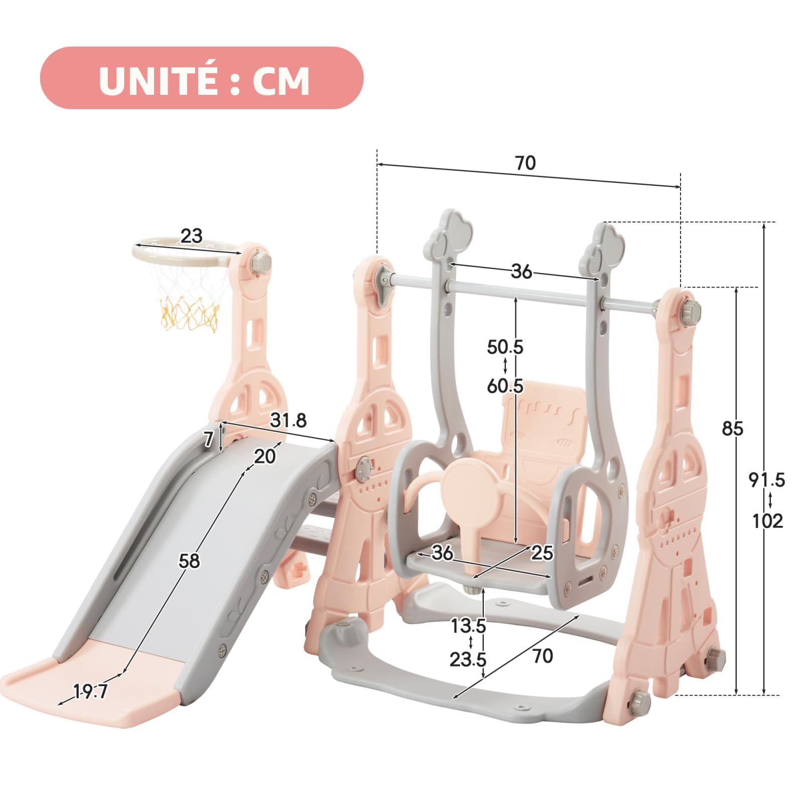 Toboggan et Balancoire pour Bébé, 4 en 1 Parc de Jeux Intérieur avec Toboggan, Escalade, Panier de Basket et Balancoire Ajustable en Hauteur - Ensemble de Toboggan pour Enfant Cadeau