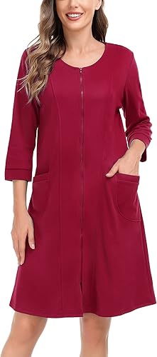 Miniatura 4 de SWOMOG Women Zip Up Robe 34 Sleeve Housecoat Soft Cotton Zipper Front Nightgown Loungewear with Pockets