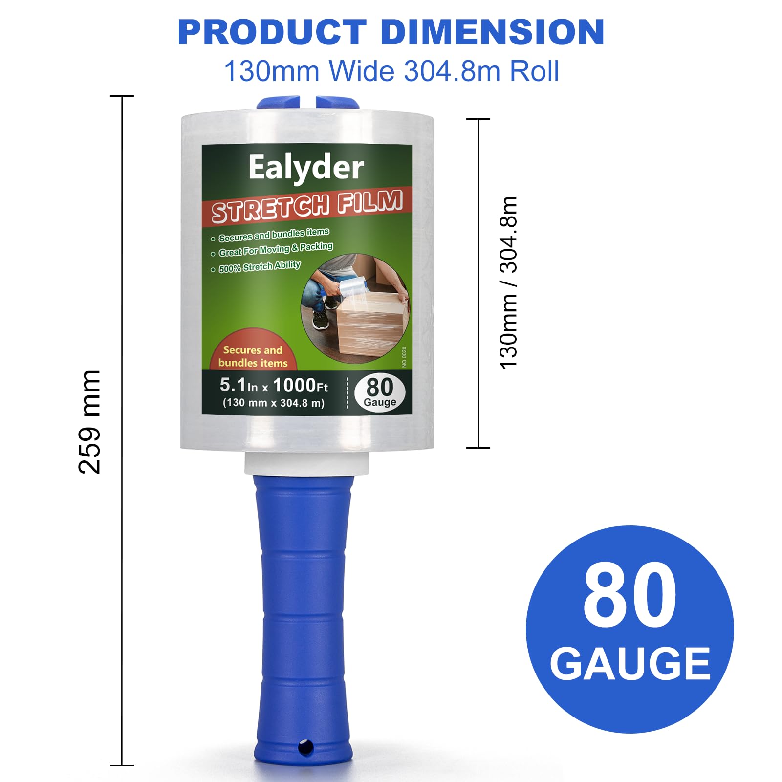 Film étirable avec poignée en plastique, Palette Wrap transparent 130 mm x 304m pour palettes, fournitures de déménagement et film rétractable, Lot de 4 et 1 poignée