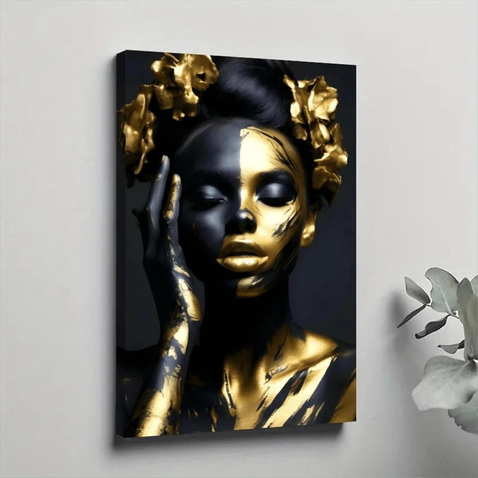 Toile femme africaine or noir grand format 70x100 cm décoration murale design - 8
