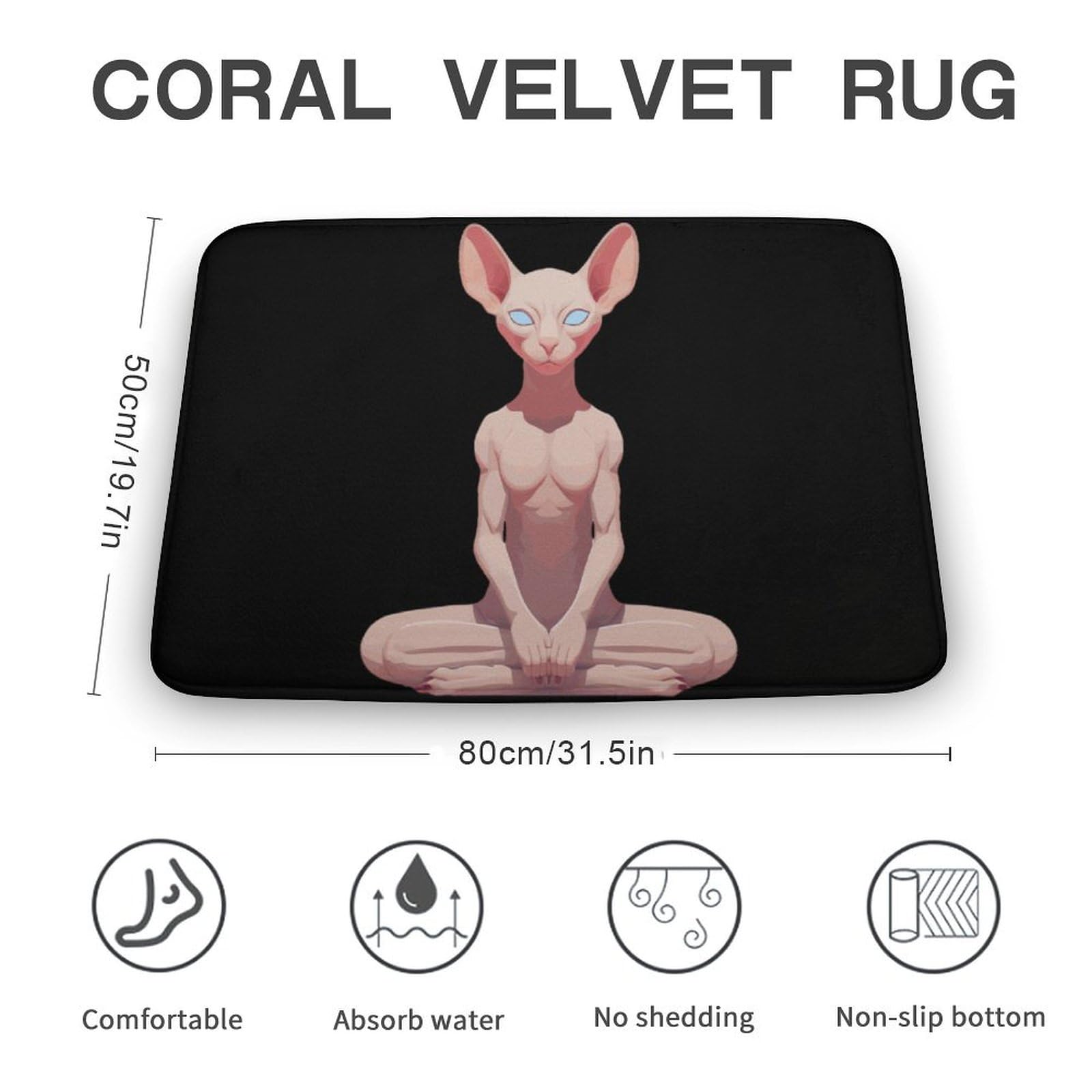 Sphynxs Cat Yoga Coral Velvet Rugs Non-Slip Bathroom Rugs Soft Kitchen Rug Floor Carpet for Home Decor 19.7